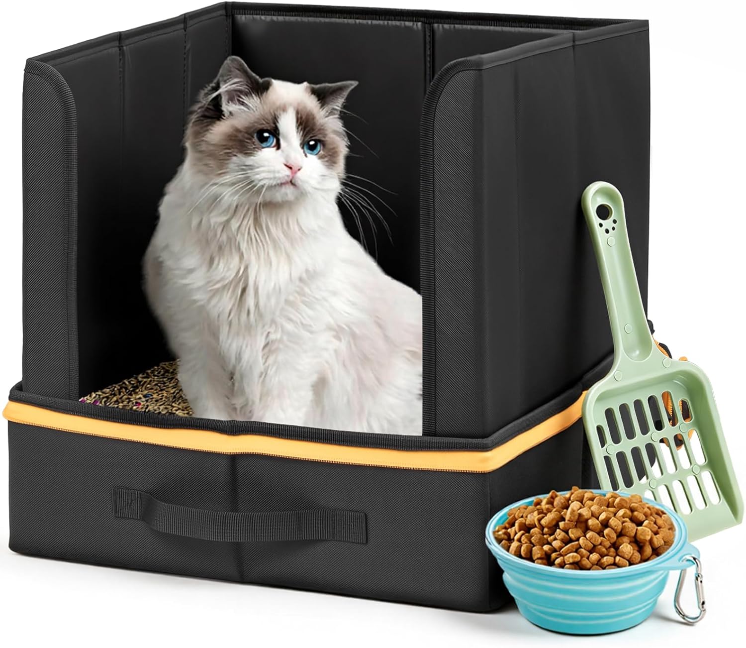 Travel Litter Box for Cats with High Side, Portable Kitty Litter Travel Box with Collapsible Baffle Waterproof Scratch-Proof Kitty Litter Pan for Car, Road Trip, Hotel