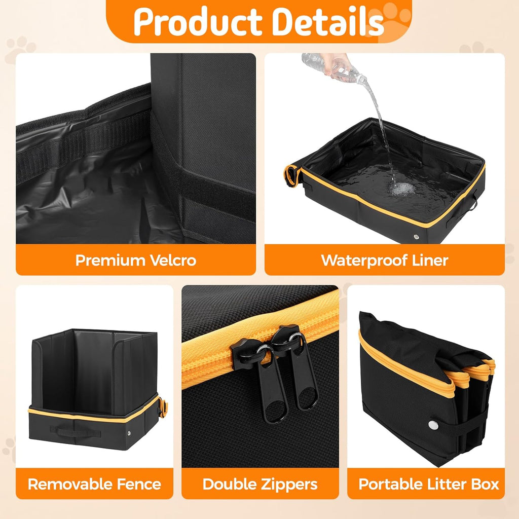 Travel Litter Box for Cats with High Side, Portable Kitty Litter Travel Box with Collapsible Baffle Waterproof Scratch-Proof Kitty Litter Pan for Car, Road Trip, Hotel