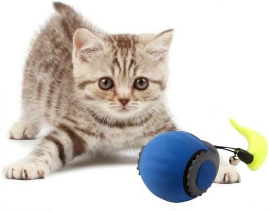 Interactive Cat Toy Ball - Automatic Rolling Rechargeable Cat Toy, Chasing Ball for Indoor Cats & Kittens, Feather Tail, Self-Moving Toy, Fast & Slow Speed (Blue)