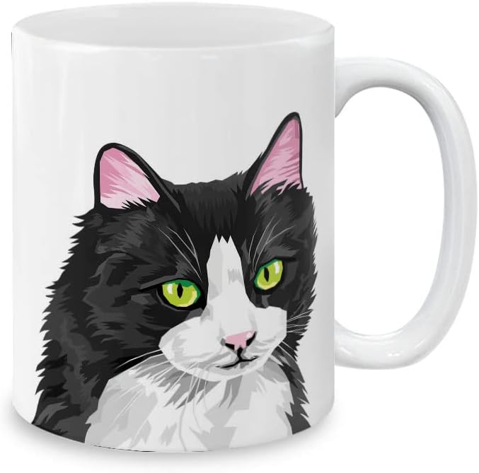 MUGBREW Black White Tuxedo Cat Vector Portrait Ceramic Coffee Mug Tea Cup, 11 OZ