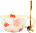 Cute Coffee Mug Gift for Women Ceramic Tea cup Kawaii mugs Handmade Creative Flower Pink mug with Spoon Aesthetic mugs for Cappuccino Milk Cocoa, 8.5 oz Cheery Mug for Mom Mother day (Pink)