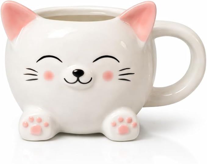 Cute Cat Coffee Mug – 16oz Ceramic Animal Mug, Handmade Gift for Cat Lovers, Cute Kawaii Coffee & Tea Cup – White Tabby