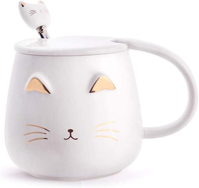 White Cat Mug, Cute Kitty Ceramic Coffee Mug with Stainless Steel Spoon, Novelty Coffee Mug Cup for Cat Lovers Women Girls