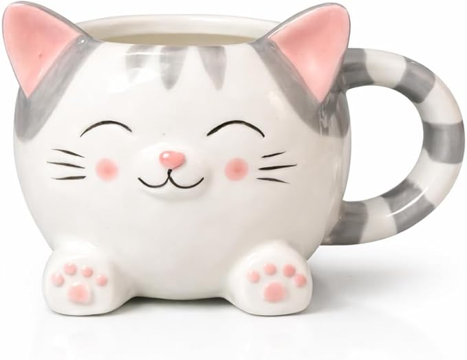 Cute Cat Coffee Mug – 16oz Ceramic Animal Mug, Handmade Gift for Cat Lovers, Cute Kawaii Coffee & Tea Cup – Gray Tabby