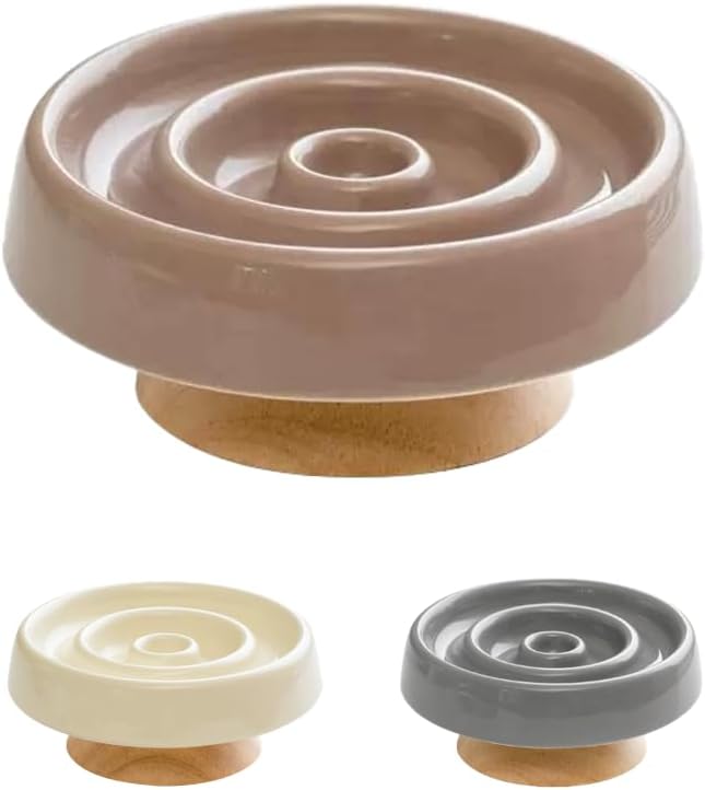 Ceramic Cat Slow Feeder, Raised Slow Feeder Cat Bowl, Anti Vomiting and Whisker Friendly Kitty Dish, Elevated Puppy Kitten Food Bowl for Dry and Wet Food (Brown)