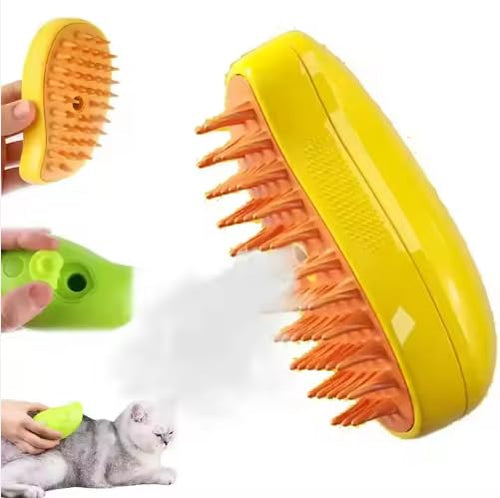 3-in-1 Steam Pet Brush for Cats & Dogs – Self-Cleaning Spray Comb for Grooming, Shedding & Massaging – Quiet Rechargeable Electric Steamer Hair Remover with Mist – Indoor Spa Tool (Yellow)