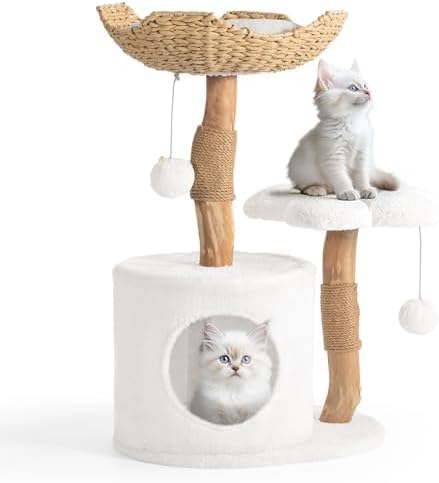 Easyego Modern Cat Tree, 26.3" Aesthetic Wood Cat Tree Tower, Luxury Cat Condo with Scratching Posts and Flower Platforms, Cat Furniture, Pure White