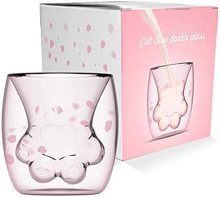 WubbaLubba Coffee Mug Sakura Double Wall Glass Cup Cat Claw Cup Heat-resistant Handmade Creative Milk Mug Tea Whiskey Cup
