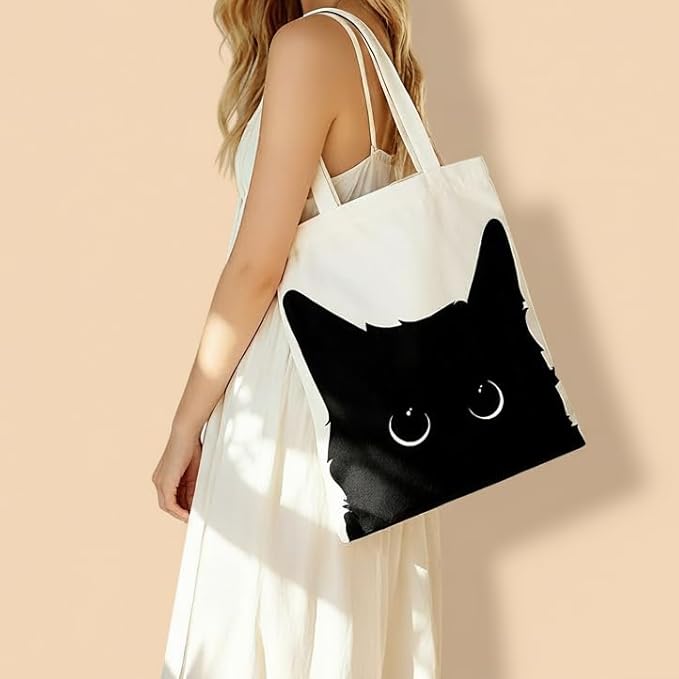 Yivona Canvas Tote Bag for Women, 100% Cotton Cat Tote for Shopping, Travel, School, Gift for Girls, Book Lover, Birthday
