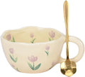 Cute Coffee Mug,Ceramic Tea cup,Kawaii coffee mugs,Handmade Creative Flower Pink mug with Spoon,Aesthetic mugs for milk Cappuccino Cocoa,8.5 oz Cheery Mug Gift for Women Christmas (Purple)