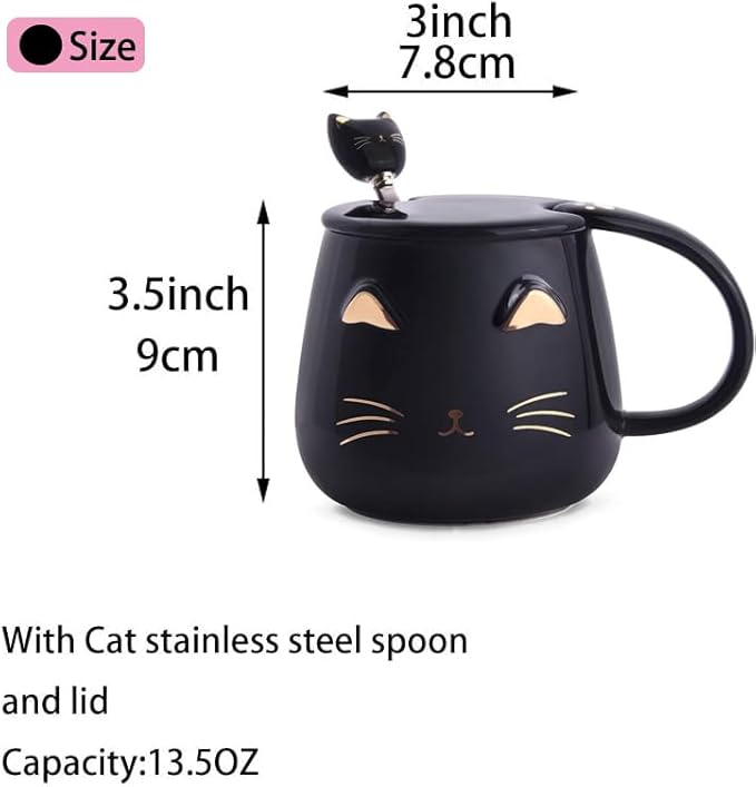 Pink Ceramic Coffee mug Cute Cat Handmade Tea Cups with Stainless Steel Spoon Kitty Cup Unique Hot chocolate Novelty mugs Christmas Birthday for Girls Women (Black)