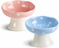 Ceramic Elevated Cat Bowls, Tilted Raised Pet Dish for Indoor Cats, Whisker Friendly Pet Food and Water Bowl for Kitten, Cat, Puppies, Dishwasher Safe (Pink+ Blue)