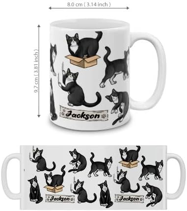MUGBREW Personalized Coffee Mug with Your Name or Text, Customized Gifts For Christmas Birthday Anniversary, Ceramic 11 OZ Coffee Mug Tea Cup - Black White Tuxedo Cat Playful Postures Pattern