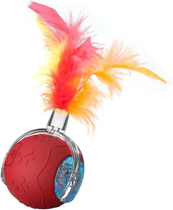 Interactive Cat Toy Balls, 2025 New Interactive Rolling Cat Balls, Upgrade 3.0 Tail Cat‘s Toys with LED Light, Three Modes Smart Automatic Rolling Pet Ball Toy (RED（Feather Style）)