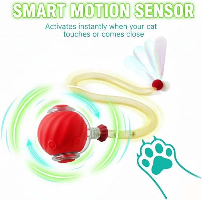 Interactive Cat Ball Toy with Tail for Indoor Cats Kittens – 2026 - Automatic Smart Rolling Motion Pet Exercise for Small Dogs | Rechargeable Motion-Activated, USB Charging Self-Play (RED)