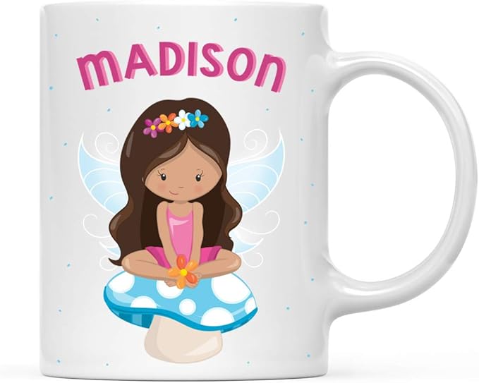 Andaz Press Personalized 11oz. Kids Milk Hot Chocolate Mug, Pink Fairytale Princess with Blue Mushroom, 1-Pack, Custom Child’s Birthday Christmas Coffee Cup
