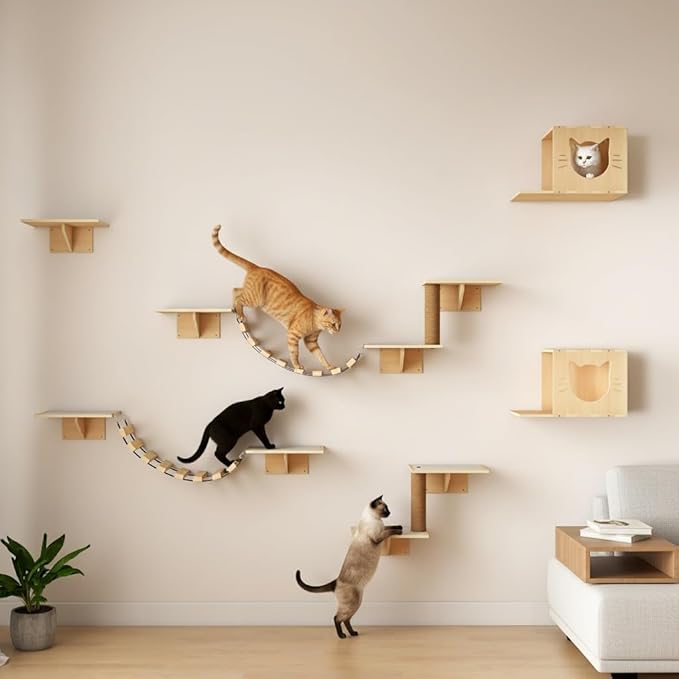 NYEEKOY Cat Wall Shelves, Wood 8-in-1 Cat Wall Furniture Set, Large Cat Shelves for Wall with Scratching Post, Cat Climbing Wall Activity Center for Climb, Play, Rest, and Scratch, Natural Wood