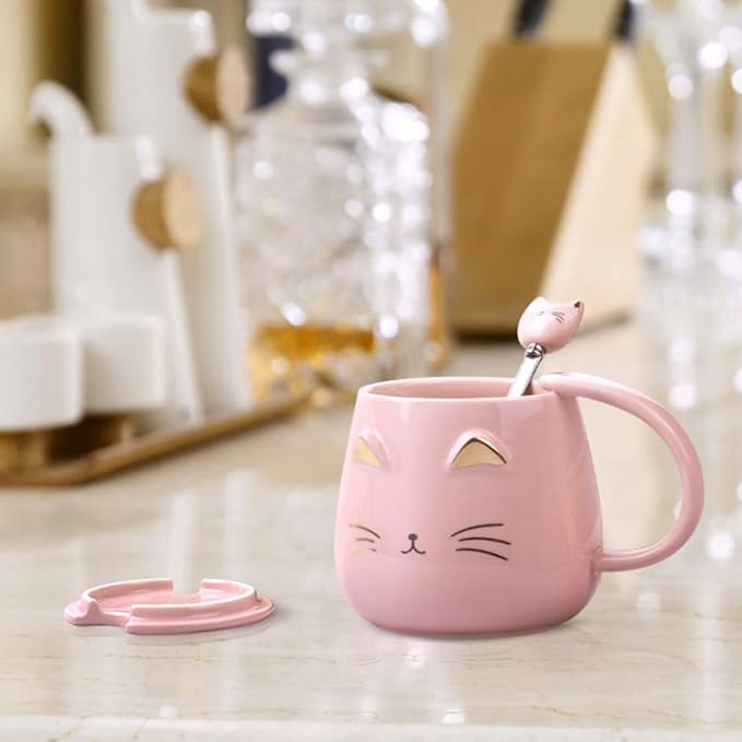 Pink Cat Mug, Cute Kitty Ceramic Coffee Mug with Stainless Steel Spoon, Novelty Coffee Mug Cup for Cat Lovers Women Girls