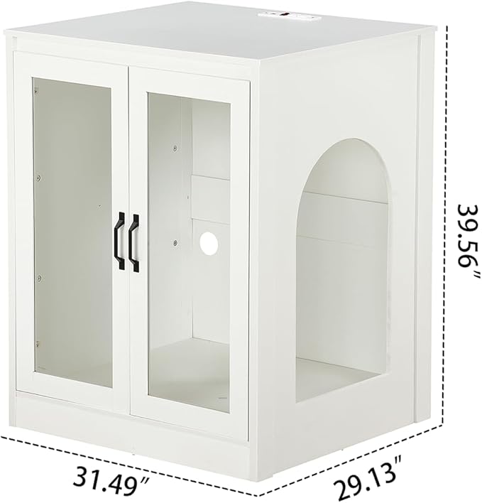 Cat Litter Enclosure with Cat-Viewing Glass Doors, Litter Cabinet with Power Outlet and Cozy LED Lights, Reversible and Optional Entry,White
