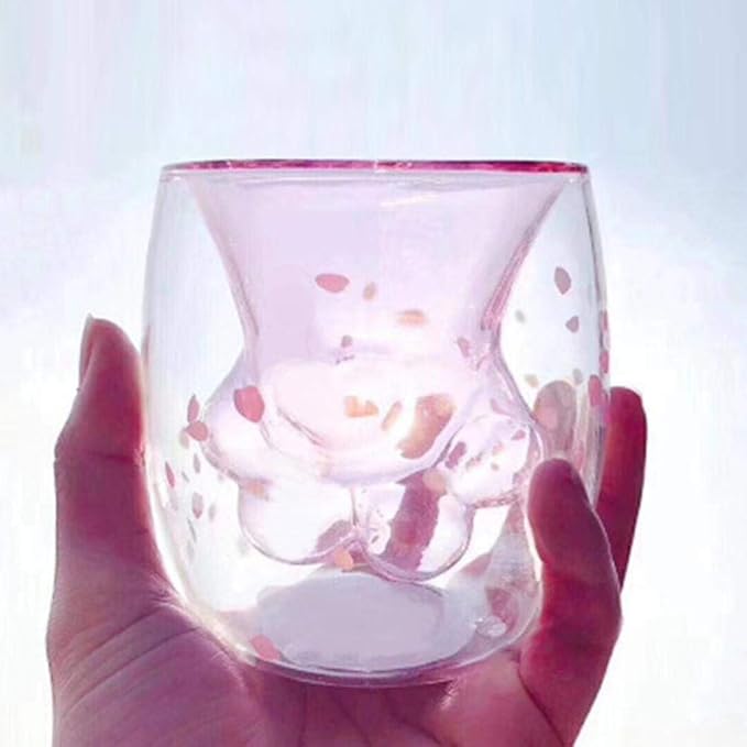 WubbaLubba Coffee Mug Sakura Double Wall Glass Cup Cat Claw Cup Heat-resistant Handmade Creative Milk Mug Tea Whiskey Cup
