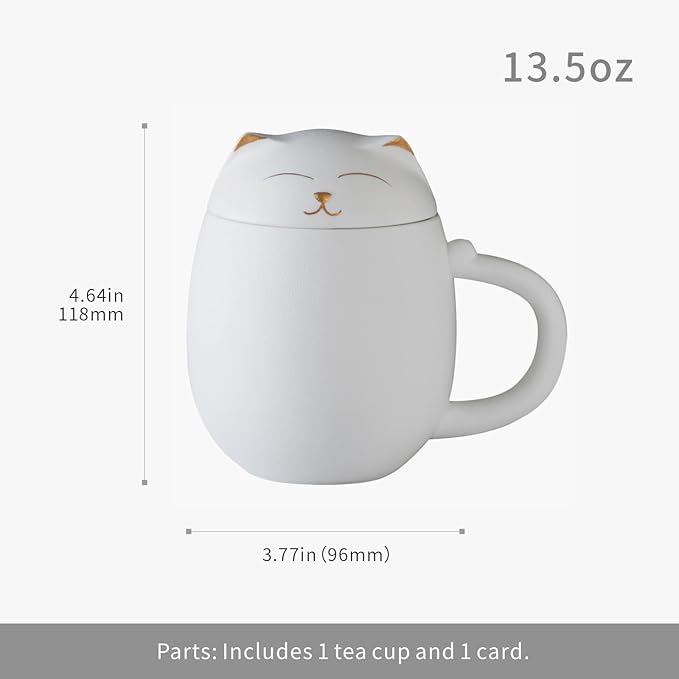 HEER Cat Tea Cup with Infuser and Lid - 13.5oz Ceramic Tea Mug - Cat Lover Gift for Friends Family. (White)