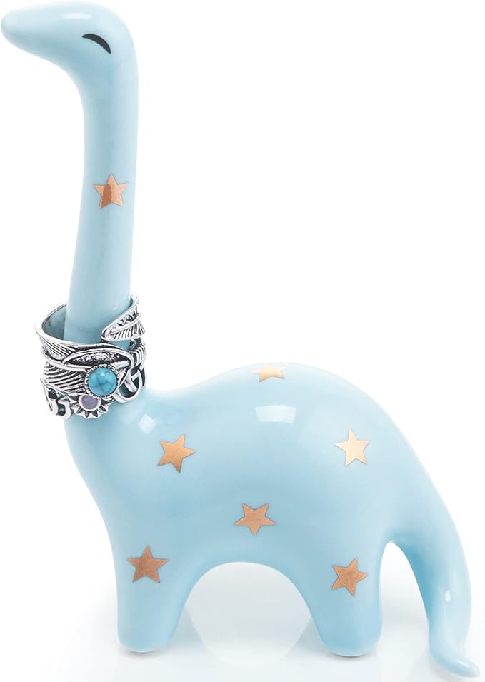 PUDDING CABIN Blue Dinosaur Ring Holder Engagement Wedding Ring Stand, Rings Oragnizer, Mothers Day Christmas Birthday Gifts for Women, Dinosaur Decor