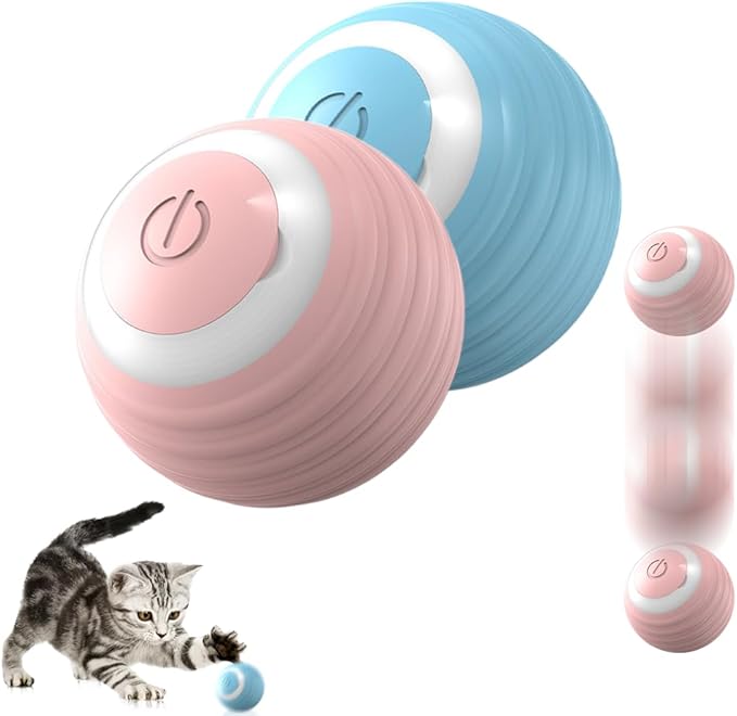 Interactive Cat Ball Toy, 2025 Upgrade Rechargeable Cat Toy Smart Rolling Cats Balls with LED Lights, Automatic Self Moving Ball Electric Rotating Self-Rolling Smart Moving Balls (Pink+Blue)