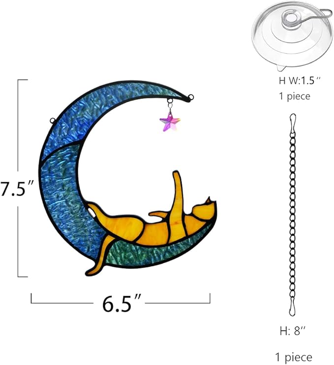 BOXCASA Handcrafted Orange Cat Moon Stained Glass for Cat Lovers,Crystal Prism Suncatchers for Windows Hanging, Mother's Day for Women, Wife, Mom