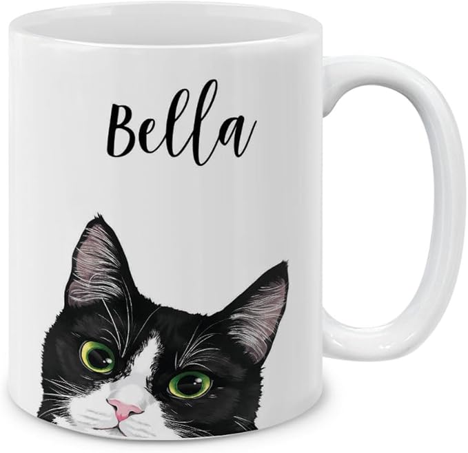 MUGBREW Personalized Coffee Mug with Your Name or Text, Customized Gifts For Christmas Birthday Anniversary, Ceramic 11 OZ Coffee Mug Tea Cup - Black White Tuxedo Cat