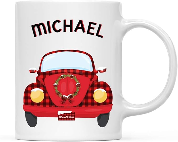 Andaz Press Personalized 11oz. Kids Hot Chocolate Mug, Red VW Bug Car with Wreath, 1-Pack, Custom Child’s Birthday Christmas Coffee Cup