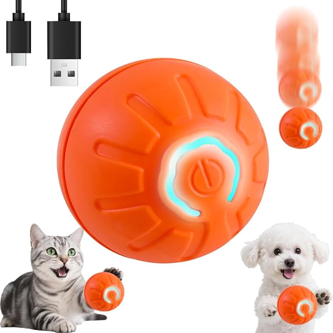 Interactive Self-Moving Pet Toy Ball - Motion-Activated Auto Rolling, Military-Grade Chew Resistant, USB-C Rechargeable for Small Dogs & Cats (Orange, Small) (Orange, Small)