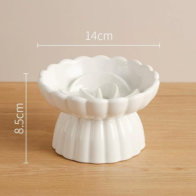 Ceramic Raised Cat Slow Feeder Bowls Whisker Friendly Anti Vomiting Cat Slow Eating Food Bowl for Cats Puppy Dogs Neck Support Plates (White)