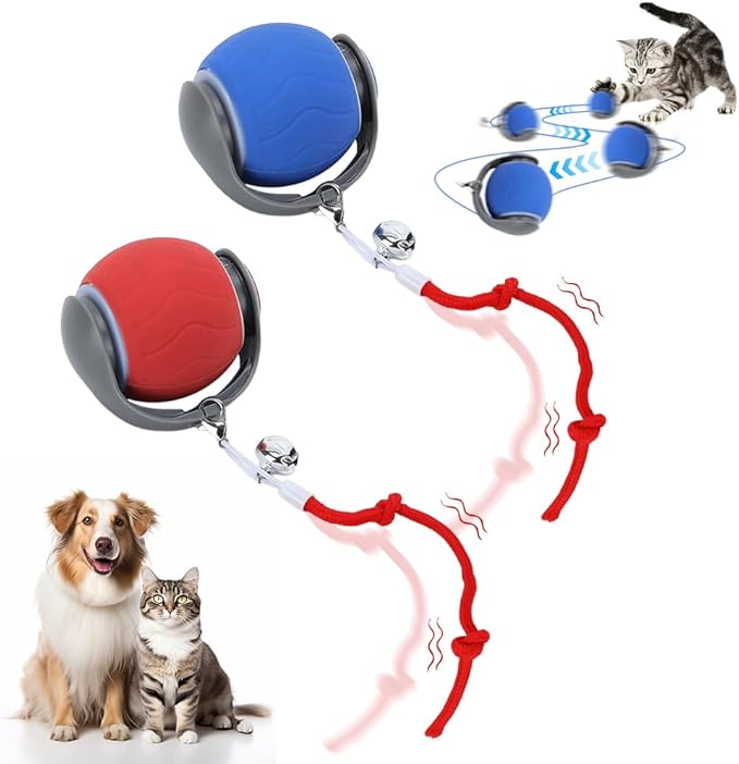 Interactive Cat Toys for Indoor Cats, 2026 Interactive Fast Moving Toys Balls, 360° Automatic Rolling Electric Ball Toy with Rope for Dogs and Cat Indoor Play (Blue+Red)