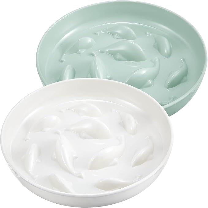 Nitial 2 Pcs Cat Slow Feeder Bowl Fish Pool Design Feeder Dish Fun Interactive Cat Food Bowl Healthy Eating Diet Bowls for Pet Puppy Dogs Dishwasher Safe(White, Green)