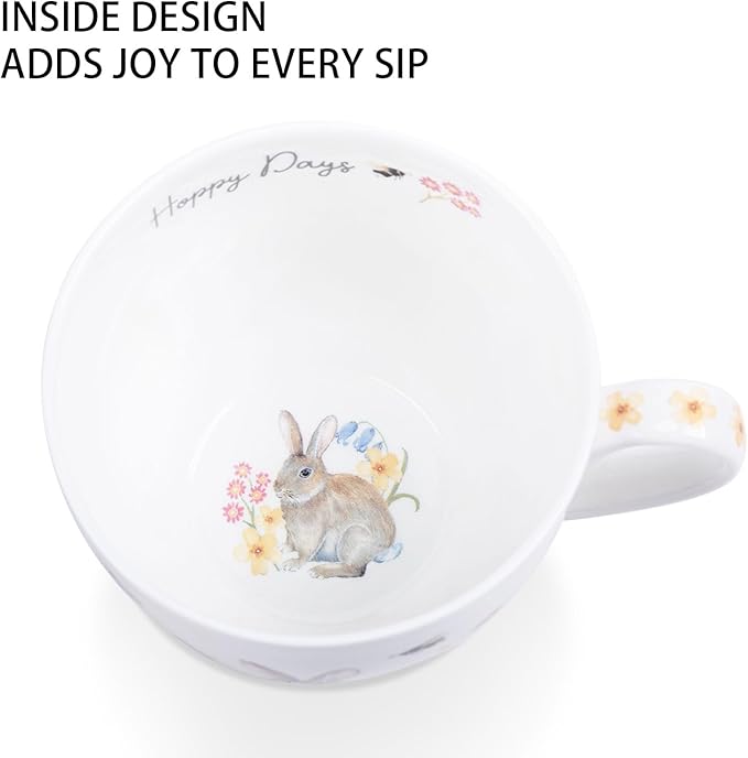 20 oz Easter Bunny Coffee Hug Mug, Spring Flowers & "Happy Days" Slogan, Premium Bone China Rabbit Tea Mug, Cute Easter Gift for Women, Family, Friends, Designed in England by Harvest Green Studio