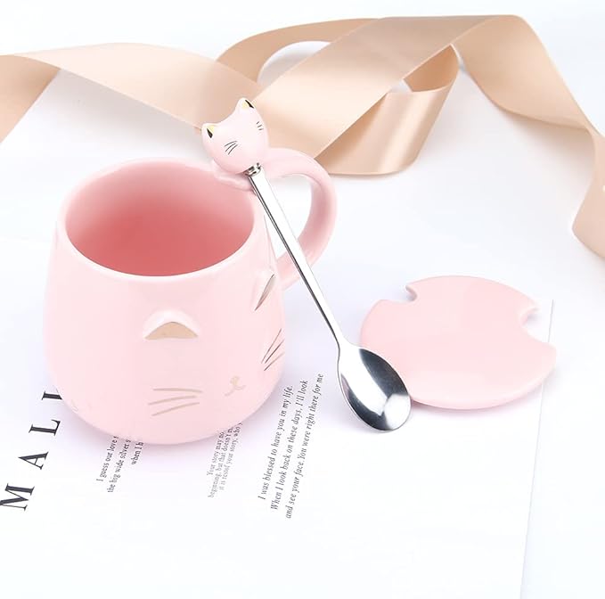 Pink Ceramic Coffee mug Cute Cat Handmade Tea Cups with Stainless Steel Spoon Kitty Cup Unique Hot chocolate Novelty mugs Christmas Birthday for Girls Women (Pink)
