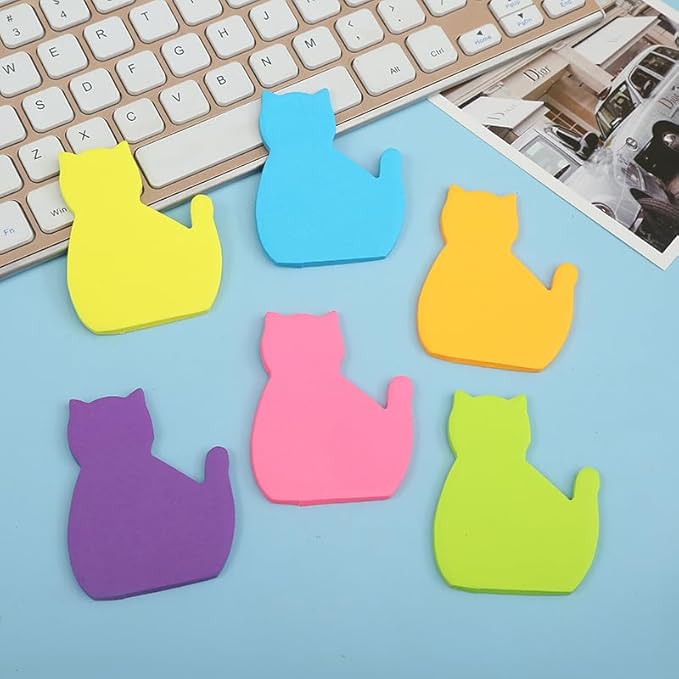 Cute Cat Sticky Notes, 6Pack 6 Bright Color Kawaii Sticky Notes for Cats Lover (6 Colors Shape 1)