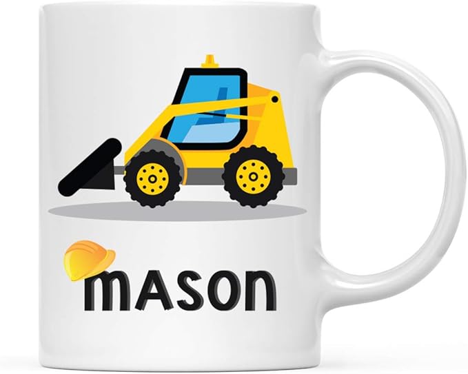 Andaz Press Personalized 11oz. Kids Hot Chocolate Mug, Yellow Construction Truck Bulldozer, 1-Pack, Custom Child’s Birthday Christmas Coffee Cup