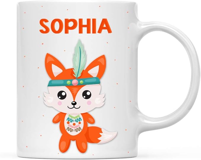 Andaz Press Personalized 11oz. Kids Milk Hot Chocolate Mug, Tribal Fox, 1-Pack, Custom Child’s Birthday Christmas Coffee Cup