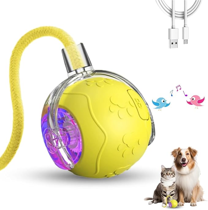 Interactive Cat Toy Ball, 2025 New Upgraded Automatic Rolling Pet Ball with Rope, Smart Cat Toys for Bored Indoor Adult Cats with Three Modes Adjustment (Yellow)