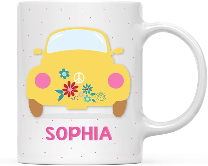 Andaz Press Personalized 11oz. Kids Hot Chocolate Mug, Hippie 1970s VW Yellow Bug, 1-Pack, Custom Child’s Birthday Christmas Coffee Cup