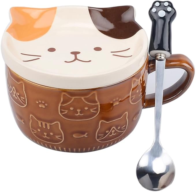 Cute Cat Coffee Mug with Lid,Animal Tea Cup with Saucer Set,Kawaii Ceramic Mugs with Biscuit Holder and Spoon,Gifts for Women,Teacher,Friend,for Mothers Day,Easter,Christmas (Yellow Cat)