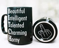 DongNaiWin Funny Coffee Mug for Women – Beautiful Intelligent Talented Charming Horny – Black Ceramic Cup with Finger Bottom, Sarcastic Novelty Gift for Best Friend, Sister, Coworker – 17 oz