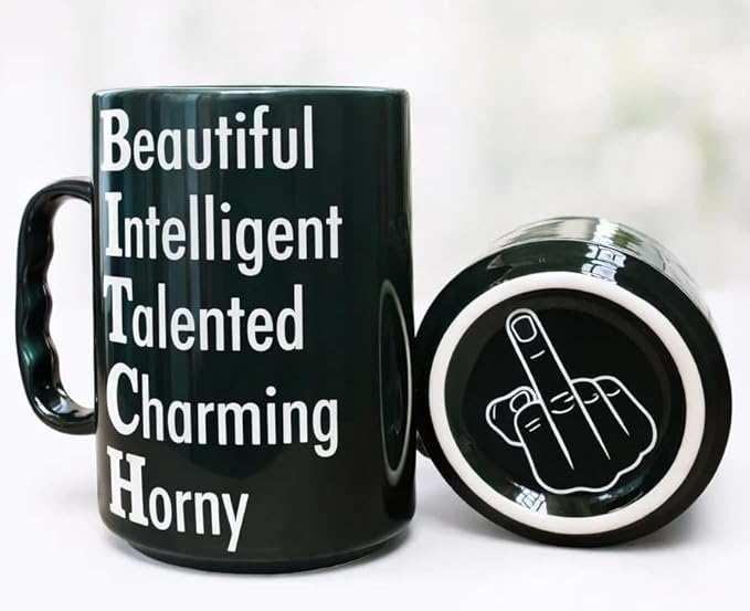 DongNaiWin Funny Coffee Mug for Women – Beautiful Intelligent Talented Charming Horny – Black Ceramic Cup with Finger Bottom, Sarcastic Novelty Gift for Best Friend, Sister, Coworker – 17 oz