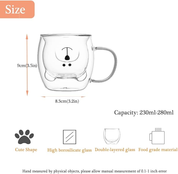Binoster Bear Cute Mugs Kawaii Double Wall Glass Coffee Tea Mill Yogurt Cup Funny Novelty Gift for Women Her Friends Office Birthday Christmas (Bear with handle)