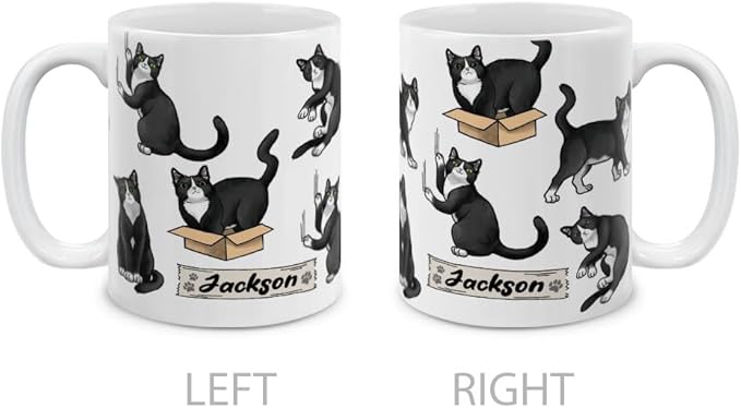 MUGBREW Personalized Coffee Mug with Your Name or Text, Customized Gifts For Christmas Birthday Anniversary, Ceramic 11 OZ Coffee Mug Tea Cup - Black White Tuxedo Cat Playful Postures Pattern