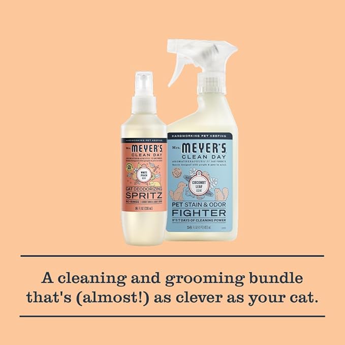 Mrs. MEYER'S Clean Day Cat Care Kit, includes Cat Deodorizing Spritz - White Peach and Pet Stain & Odor Fighter - Coconut Leaf