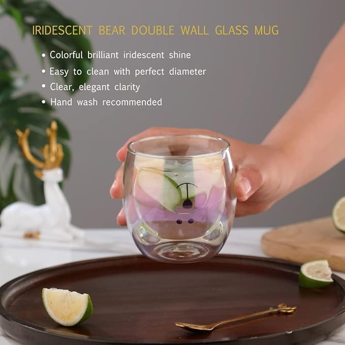 Binoster Cute Mugs Double Wall Glass Coffee Glass Cup Kawaii Bear Tea Milk Cup Funny Mug Animal Mug Aesthetic Cup for Office and Personal Birthday Gift (Iridescent Bear)