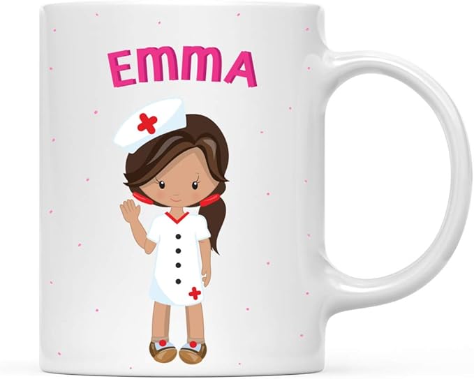 Andaz Press Personalized 11oz. Kids Milk Hot Chocolate Mug, Brown Haired Girl Nurse, 1-Pack, Custom Child’s Birthday Christmas Coffee Cup