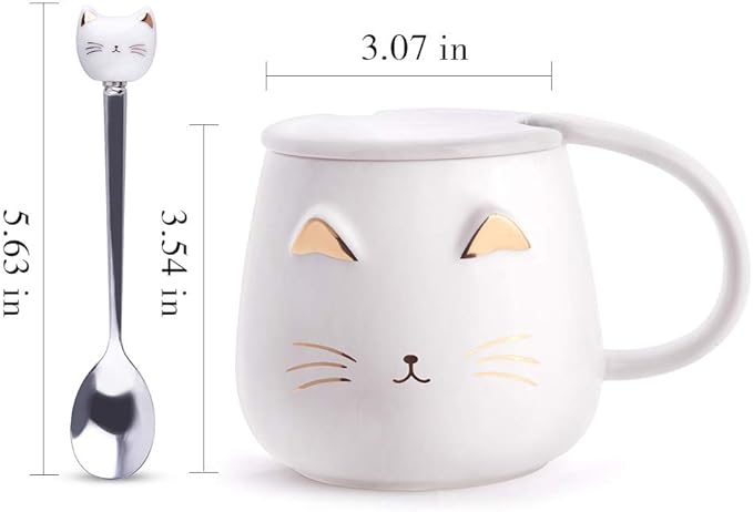 White Cat Mug, Cute Kitty Ceramic Coffee Mug with Stainless Steel Spoon, Novelty Coffee Mug Cup for Cat Lovers Women Girls